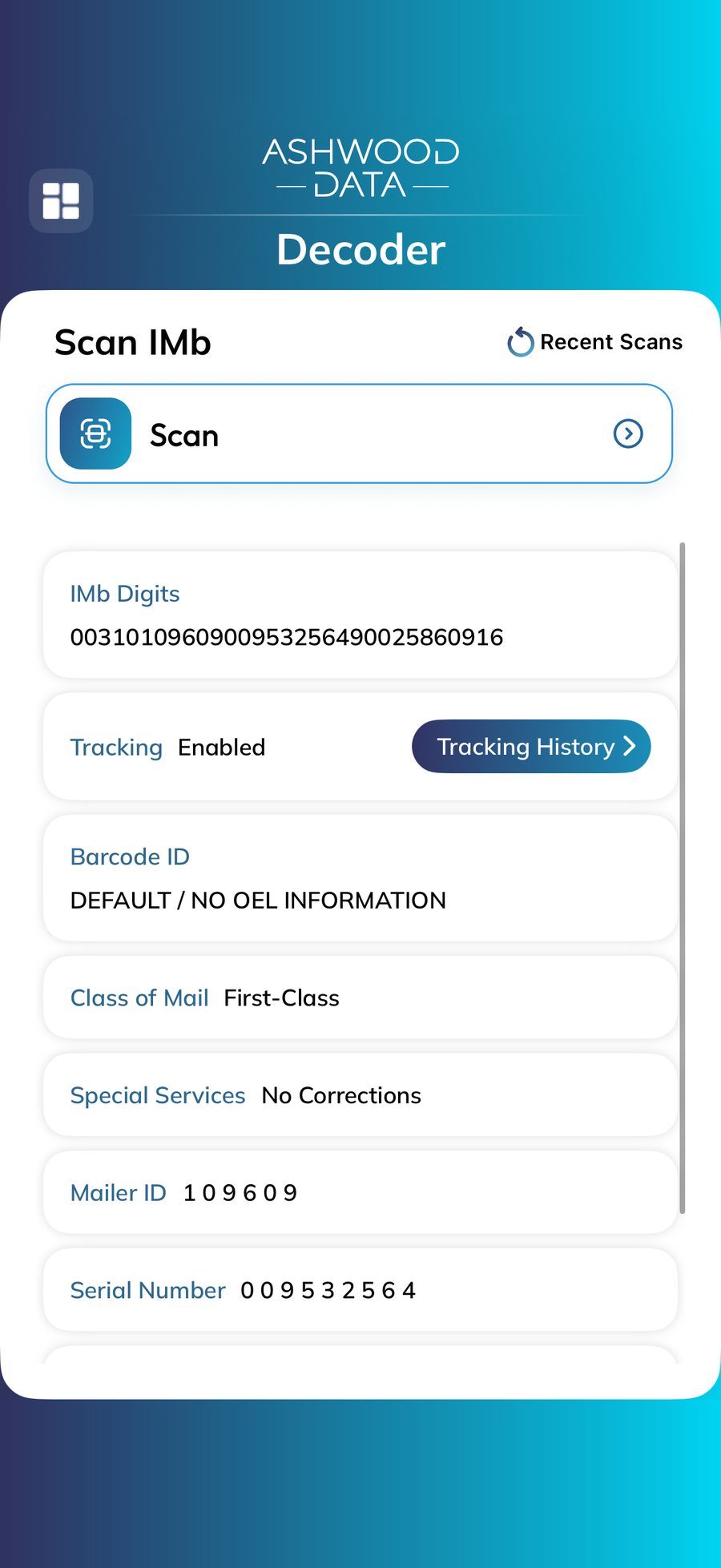 The IMb Scanner decoder screen, listing the fields read from a scanned mailpiece: barcode ID, class of mail, special services, mailer ID and serial number.