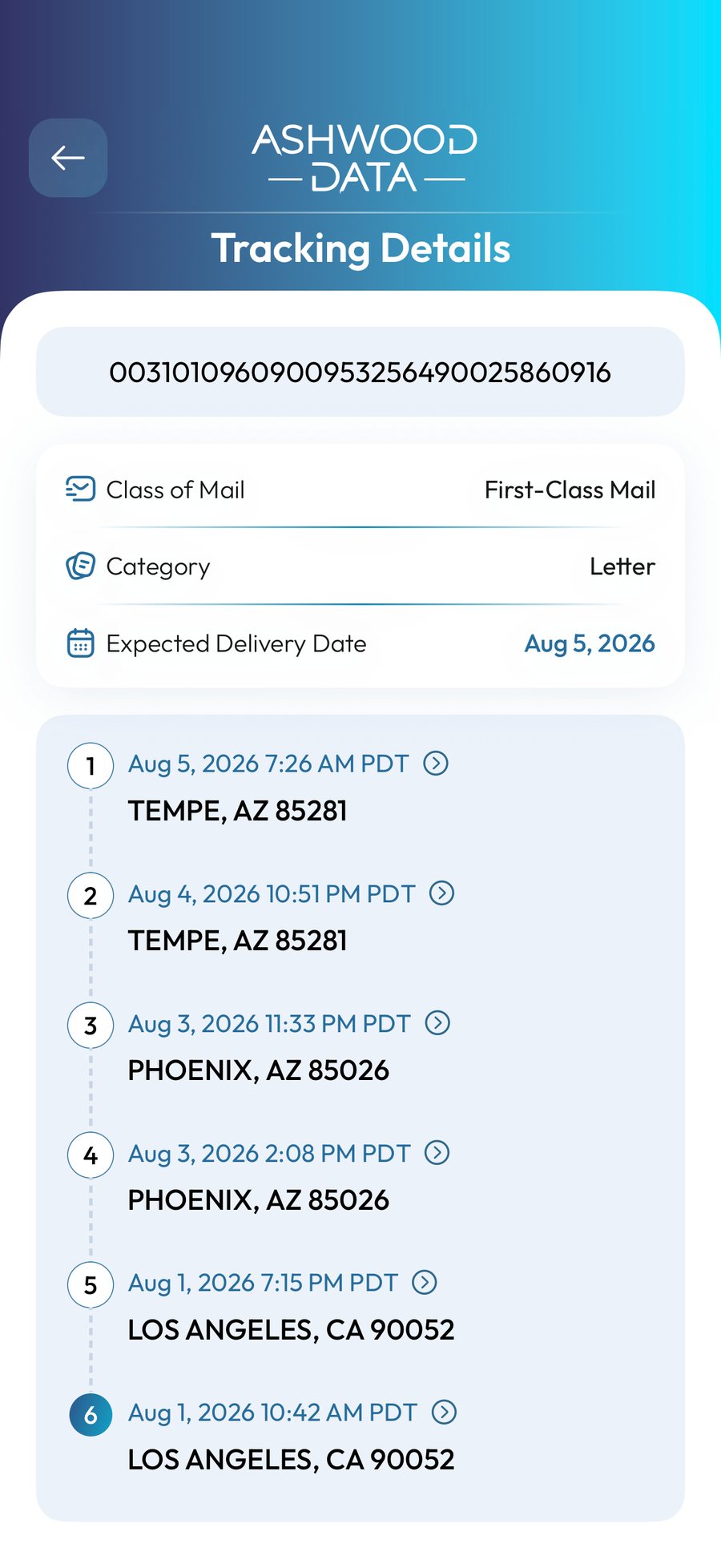 The IMb Scanner tracking screen, showing the delivery status of a mailpiece and the dated scan events behind it.